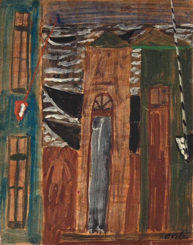 Alfredo Volpi, "Casas, Mastros, Barcos e Mar" (1944), 34,5 x 27 cm, têmpera sobre tela