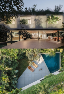 Fachada e vista aérea da piscina da Casa Lap