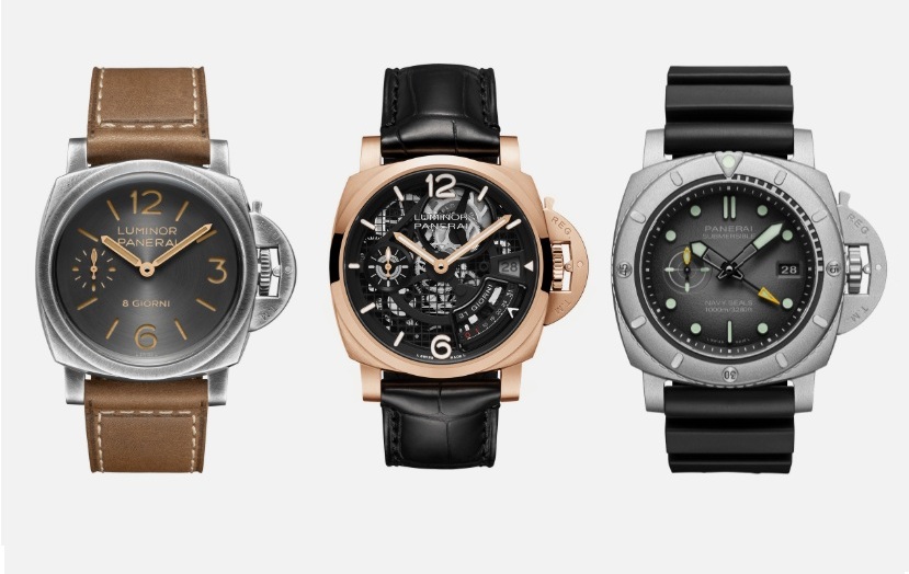 Destaques da Panerai na Watches & Wonder 2026, a partir da esquerda:Luminor 8 Giorni, Luminor 31 Giorni e Submersible Navy Seals Afniotech™ Experience