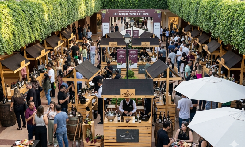 Simulação do IV Festival de VInhos e Espumantes de São Roque no Catarina Fashion Outlet (imagem gerada por IA)