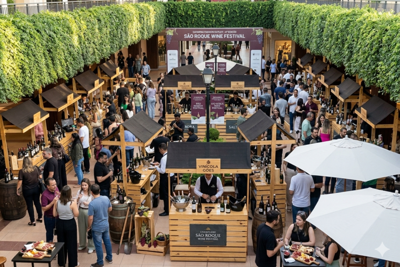 Simulação do IV Festival de VInhos e Espumantes de São Roque no Catarina Fashion Outlet (imagem gerada por IA)