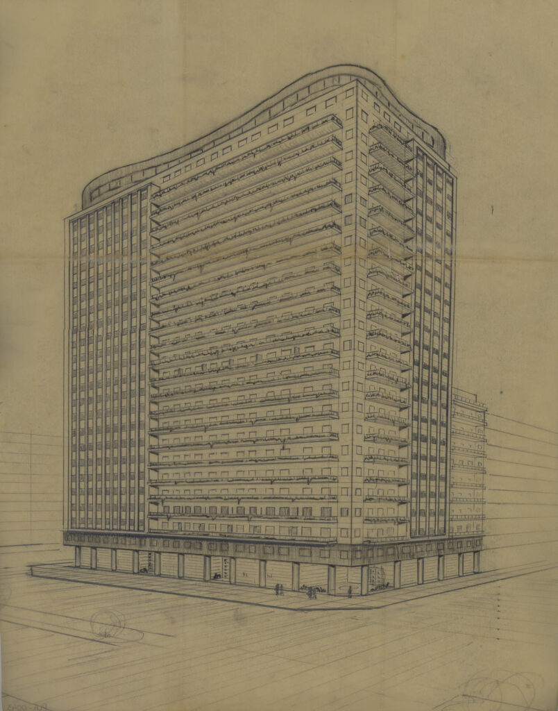 Desenho a lápis grafite com estudo para a fachada do Edifício Planalto(Acervo/Família Jurado)