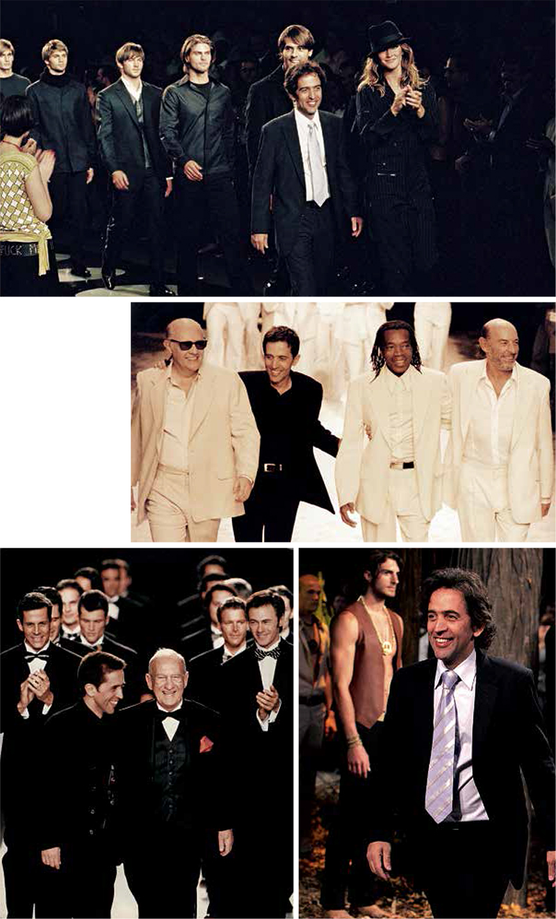Em sentido horário: Ricardo Almeida ao lado de Gisele Bündchen com terno risca de giz; entre Ney Latorraca, Milton Nascimento. Raul Cortez; em um desfile da SPFW e ao lado de Fernando Moraes